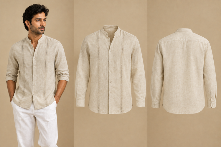 Mevaro Quiet Stone band collar shirt concept with vertical openwork detailing, shown on a model alongside front and back views
